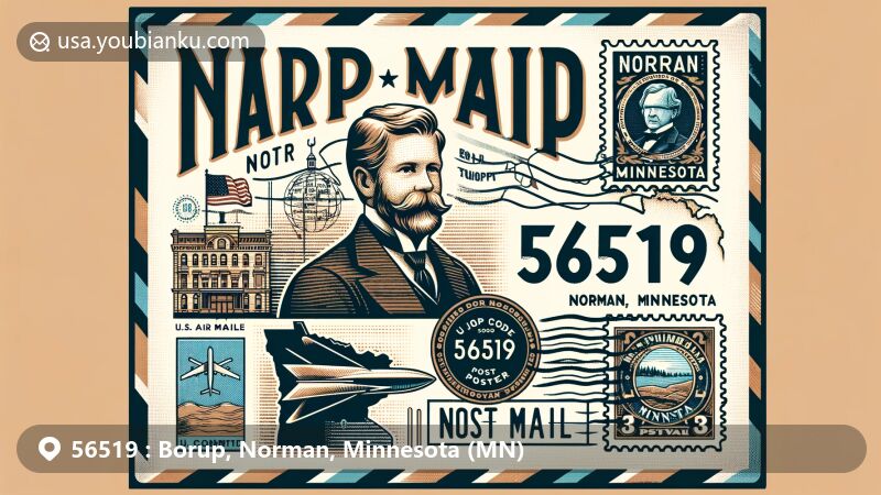 Vintage air mail envelope design showcasing Borup, Norman County, Minnesota, with ZIP code 56519 and Minnesota state symbols.