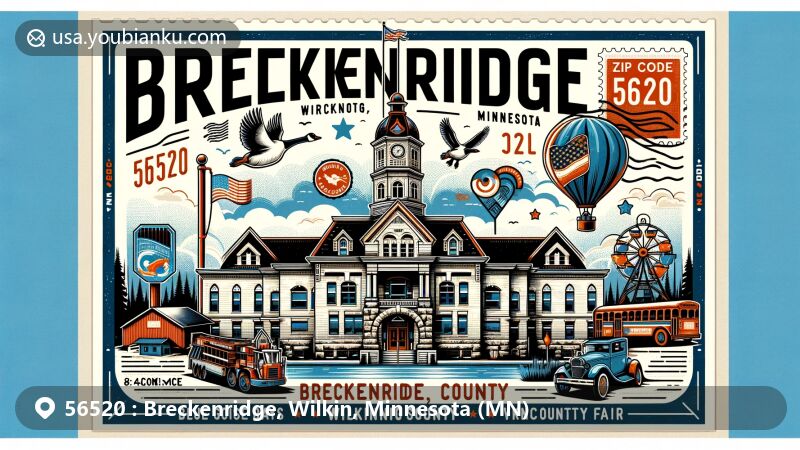 Modern illustration of Breckenridge, Wilkin County, Minnesota, showcasing postcard-style design with ZIP code 56520, featuring historic Wilkin County Courthouse and local cultural symbols.