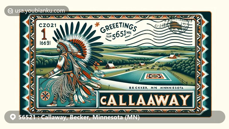 Modern illustration of Callaway, Becker, Minnesota, highlighting Native American powwow regalia and dancers, with rural landscape elements and traditional quilt design, featuring postal theme with ZIP code 56521.