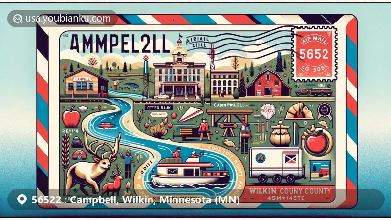 Modern illustration of Campbell, Wilkin County, Minnesota, showcasing postal theme with ZIP code 56522, featuring Bois de Sioux River, Rabbit River, Otter Tail River, Wilkin County Courthouse, and local activities like ice skating and apple picking.