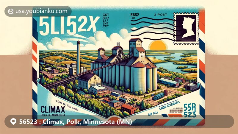 Modern illustration of Climax, Polk, Minnesota, featuring postal theme with ZIP code 56523, showcasing historic grain elevators, scenic view of Sand Hill River valley, and diverse demographics in a creative style suitable for webpages.