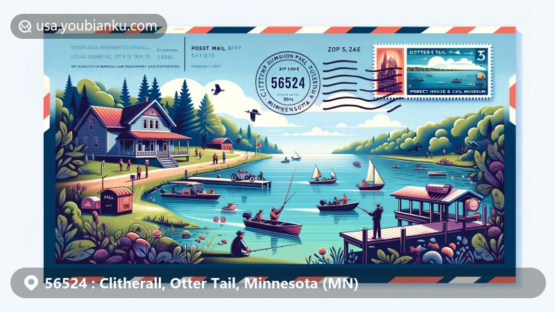 Modern illustration of Clitherall, Otter Tail, Minnesota, capturing the essence of ZIP code 56524 with Clitherall Lake scenery and activities like fishing, boating, and camping, alongside the iconic Prospect House & Civil War Museum.