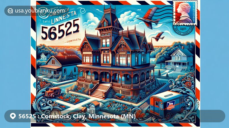 Modern illustration of Comstock, Clay, Minnesota, featuring the iconic Comstock House in Victorian Queen Anne and Eastlake styles, surrounded by the Red River, lush greenery, and postal elements like vintage postcards and postal delivery vehicles.