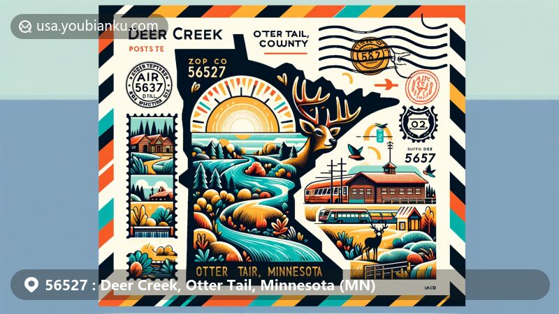 Modern illustration of Deer Creek, Otter Tail County, Minnesota, inspired by a postcard or air mail envelope design, showcasing key landmarks like Finn Creek Museum, natural features like Leaf River and Deer Creek, along with postal elements and ZIP code 56527.