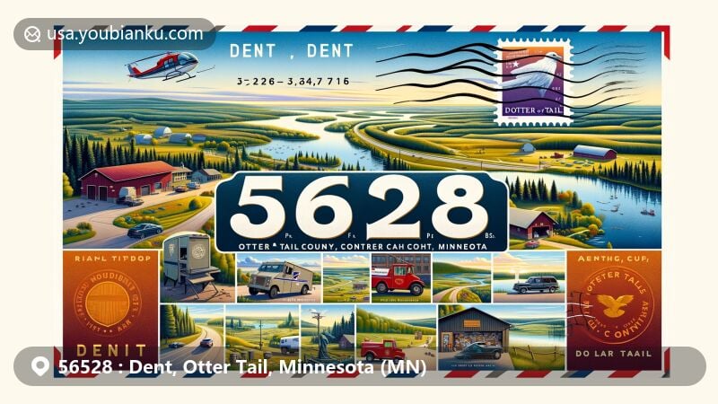 Modern illustration of Dent, Otter Tail County, Minnesota, with postal heritage and natural beauty, showcasing ZIP code 56528 and iconic landmarks like Otter Tail County Historical Museum.