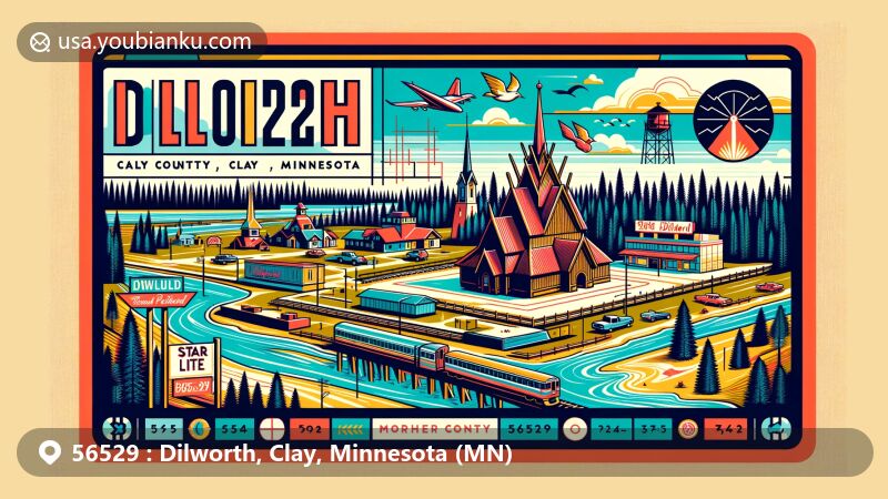 Modern illustration of Dilworth, Clay County, Minnesota, representing local postal theme with ZIP code 56529, featuring Hopperstad Stave Church replica, Star Lite Motel, Red River, and Northern Pacific Railroad.