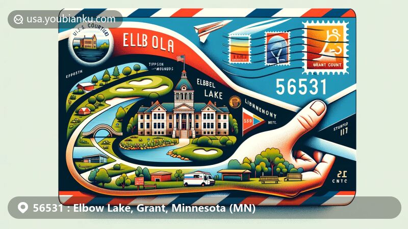 Modern illustration of Elbow Lake, Grant County, Minnesota, featuring a creatively designed airmail envelope with key elements like the lake's shape resembling an arm bent at the elbow, the historic courthouse, Tipsinah Mounds Golf Course, local landmarks, and postal elements with ZIP code 56531.
