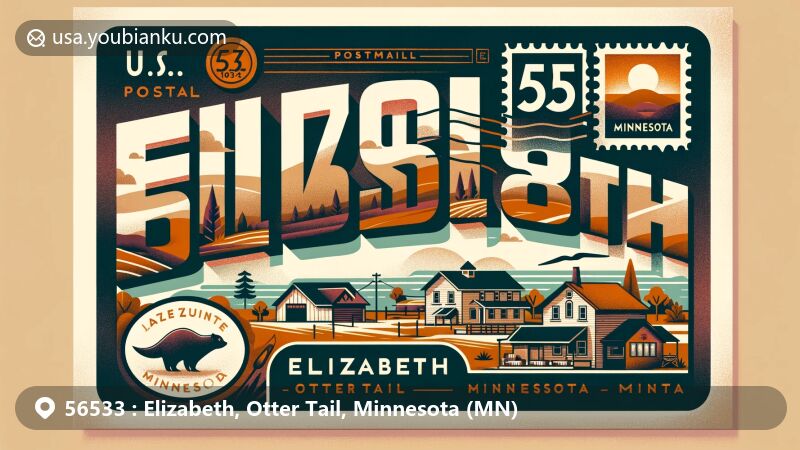 Modern illustration of Elizabeth, Otter Tail, Minnesota, highlighting postal theme with ZIP code 56533, featuring town landscape and natural elements, including Minnesota's outline and otter symbol.