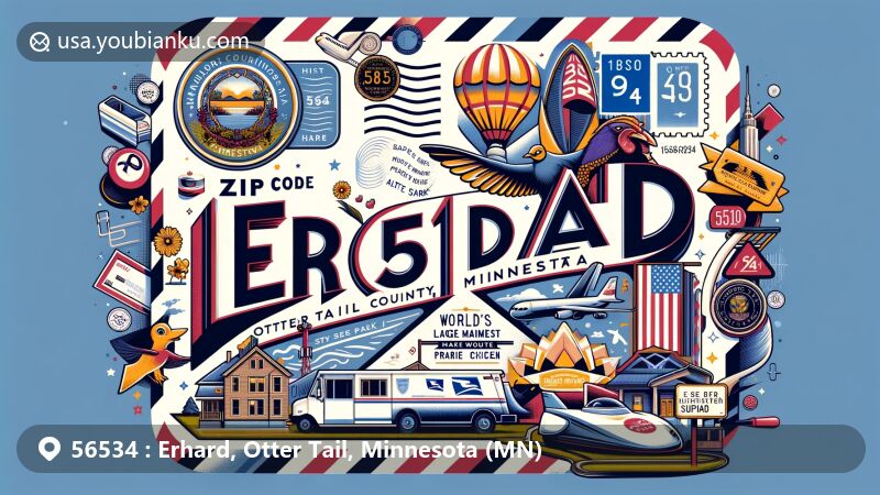 Creative illustration of Erhard, Otter Tail County, Minnesota, featuring ZIP code 56534 in a postcard design with postal elements like postage stamp, postmark, mailbox, and mail truck.