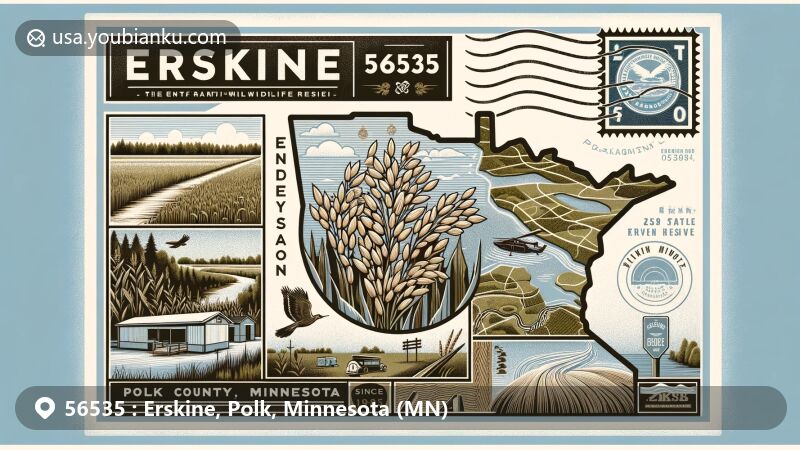 Modern illustration of Erskine, Polk County, Minnesota, resembling vintage airmail envelope, featuring Rydell National Wildlife Refuge, wild rice fields, and traditional post office, symbolizing nature, wildlife, postal history, and regional culture.