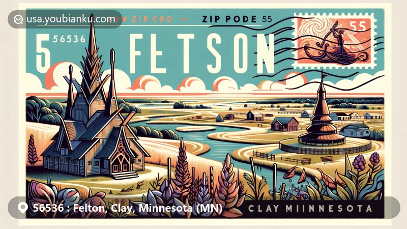 Modern illustration of Felton, Clay County, Minnesota, styled as a postcard, featuring prairie landscape of Felton Prairie SNA and replica of Hopperstad Stave Church from Viking Ship Park, highlighting unique geography and Scandinavian heritage.