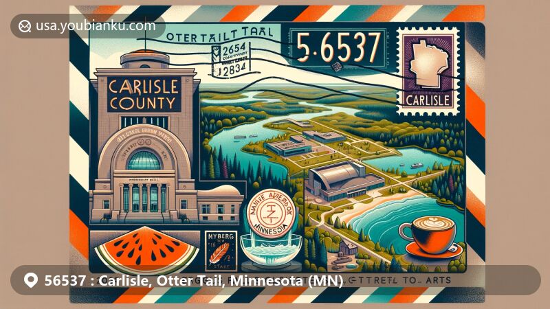 Modern illustration of Carlisle, Otter Tail, Minnesota, resembling a vintage airmail envelope with Fergus Falls Center for the Arts stamp and ZIP Code 56537 postmark, showcasing Nyberg Sculpture Park sculptures and Maplewood State Park landscape.
