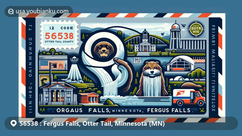 Modern illustration of Fergus Falls, Otter Tail, Minnesota, representing ZIP code 56538, showcasing cultural landmarks like the Otter Tail County Historical Museum, Otter Trail Scenic Byway, a theater, and an art gallery, along with the iconic Otto the Big Otter sculpture.