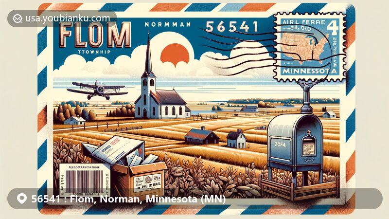 Modern illustration of Flom, Norman, Minnesota, with ZIP code 56541, showcasing rural charm, Wild Rice Lutheran Church, airmail envelope, American postbox, and Minnesota map.
