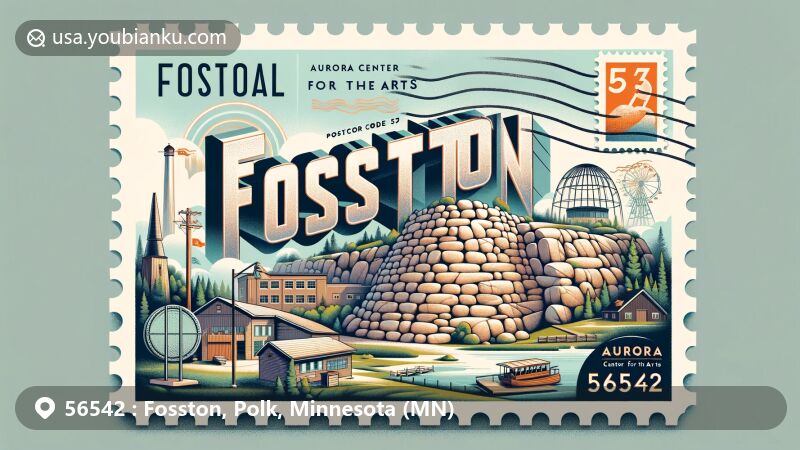 Modern illustration of Fosston, Polk, Minnesota, showcasing historic rock wall, Aurora Center for the Arts, and Lefse Festival, representing ZIP code 56542.