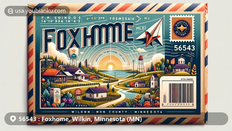 Modern illustration of Foxhome, Wilkin County, Minnesota, with airmail envelope design showcasing postal elements and town coordinates 46°16'37