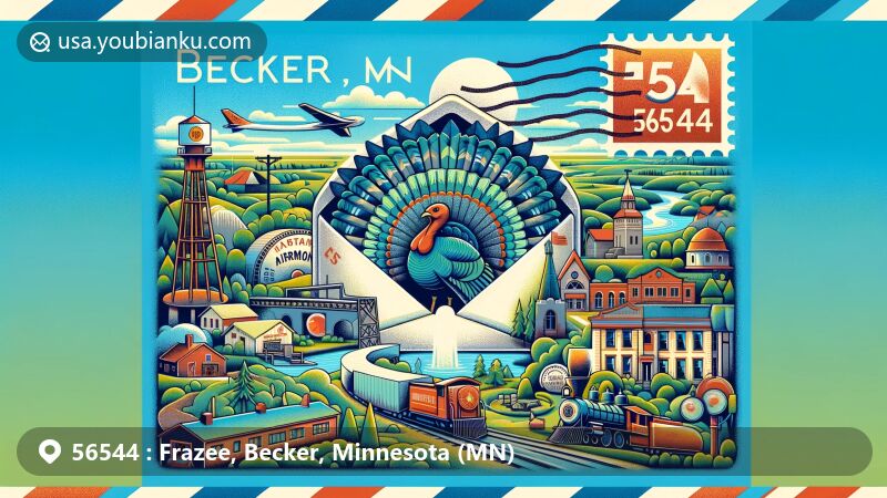 Modern illustration of Frazee, Becker, Minnesota, showcasing postal theme with ZIP code 56544, featuring 'Big Tom' turkey statue, lumber industry, and Northern Pacific Railway.