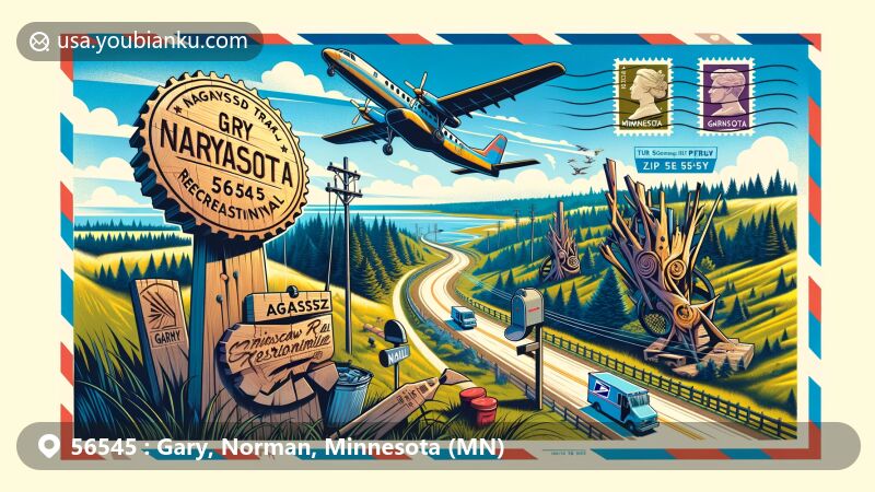 Modern illustration of Gary, Norman, Minnesota, showcasing postal theme with ZIP code 56545, featuring Agassiz Recreational Trail and Scott Petry's chainsaw art.