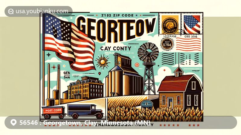 Modern illustration of Georgetown, Clay County, Minnesota, featuring ZIP code 56546, highlighting state flag, agricultural landscapes, vintage grain elevator, and traditional postal elements like postcard, stamps, and mailbox.