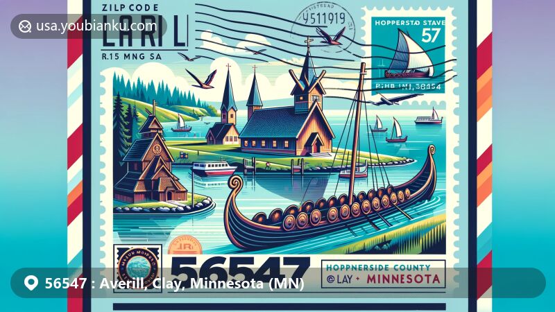 Modern illustration of Averill, Clay County, Minnesota, depicting postal theme with ZIP code 56547, featuring Hjemkomst Viking Ship and Hopperstad Stave Church, showcasing Scandinavian heritage and Minnesota landmarks.