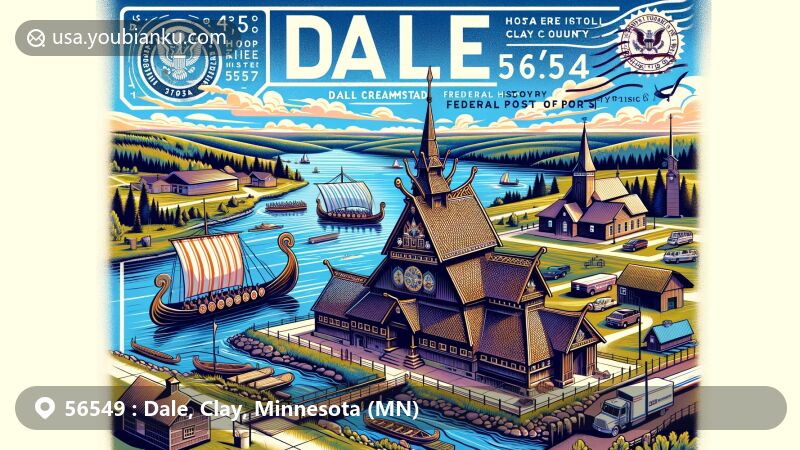 Modern illustration of Dale, Clay County, Minnesota, featuring Norwegian-style Viking ship, Hopperstad Stave Church, lakes, rivers, Fairmont Creamery Company, Federal Courthouse, postal elements, and ZIP code 56549.