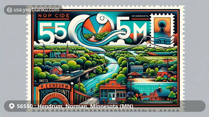 Modern illustration of Hendrum, Norman County, Minnesota, featuring the Red River Valley's natural beauty with Red River and Wild Rice River, showcasing ZIP code 56550 and small-town charm.