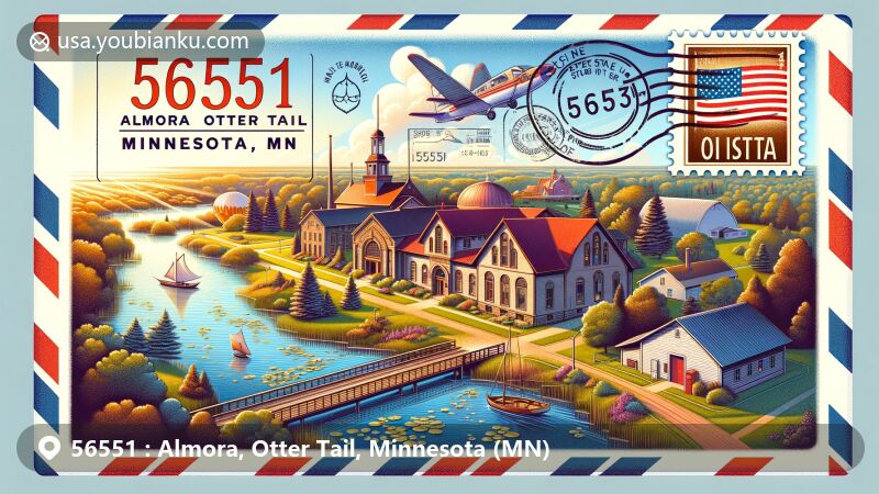 Modern illustration of Almora, Otter Tail, Minnesota, inspired by an air mail envelope, highlighting postal theme and cultural influences, showcasing Otter Tail County Historical Museum, Almora Lake, and Maplewood State Park.