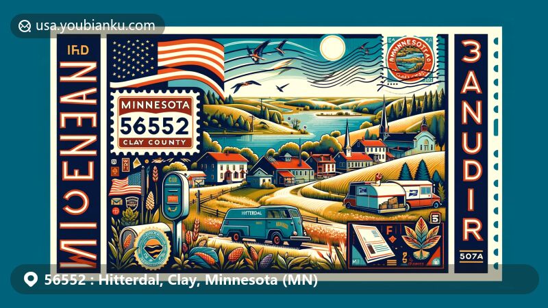 Modern illustration of Hitterdal, Clay County, Minnesota, incorporating ZIP code 56552, featuring rural charm, natural landscapes, Minnesota state symbols, and postal theme with vintage postage stamp and mail elements.