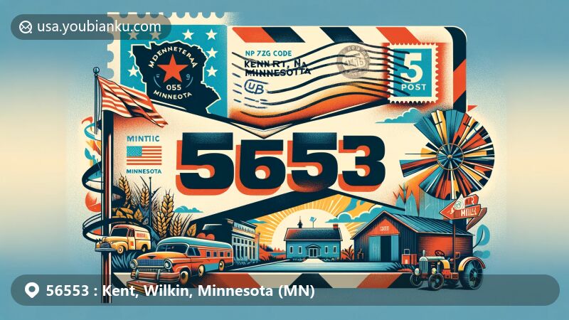 Modern illustration of Kent, Wilkin County, Minnesota, showcasing postal theme with ZIP code 56553, featuring vintage airmail envelope, classic postage stamp, Minnesota state symbols, and small-town charm of Kent.