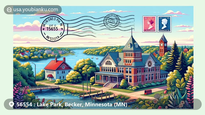 Modern illustration of Lake Park, MN, featuring Amdal House and Old Country School House in the background, Labelle Lake and natural landscapes in the foreground, with postal elements of ZIP code 56554.