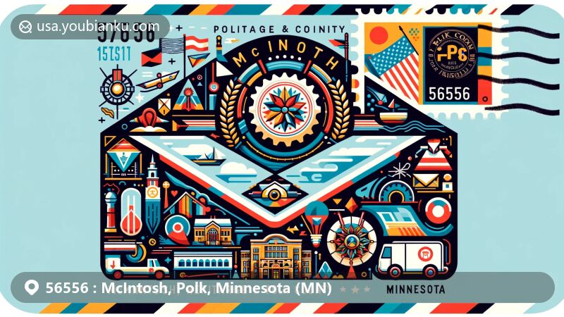 Modern illustration of McIntosh, Polk County, Minnesota, inspired by airmail envelope design, featuring landmarks and cultural elements including the McIntosh Heritage & Arts Center, a stylized map of McIntosh, and symbols of local demographics and postal theme.