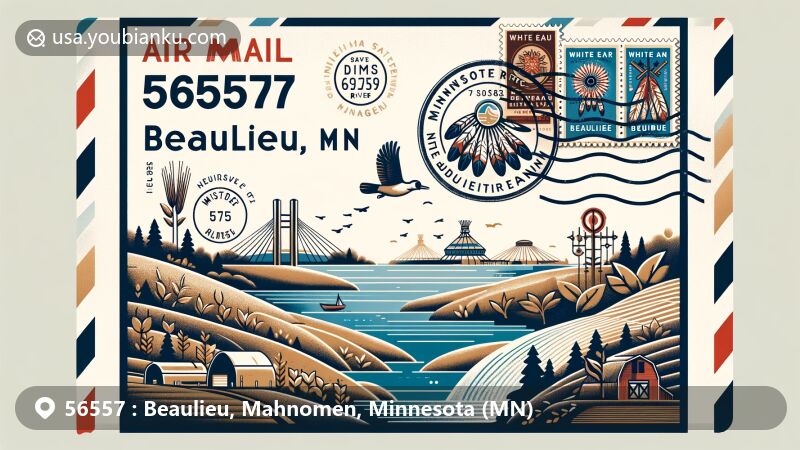 Modern illustration of U.S. ZIP code 56557, Beaulieu, Minnesota, showing air mail envelope design with stamps and postmark, featuring Minnesota Highway 200, Wild Rice River, Beaulife and Rush Lake wildlife management areas, and cultural elements related to White Earth Indian Reservation.