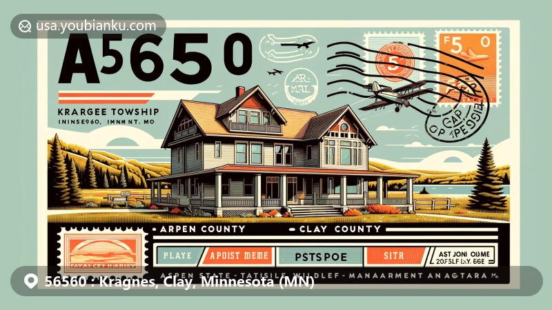 Contemporary illustration of Kragnes Township, Clay County, Minnesota, showcasing postal theme with ZIP code 56560, featuring the John Olness House and natural landscapes, including Aspen State Wildlife Management Area.
