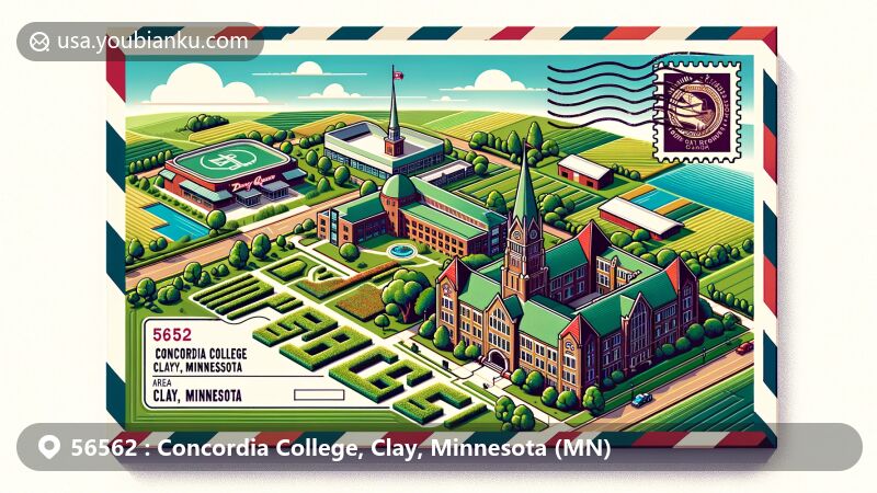 Modern illustration of Concordia College, Clay, Minnesota, showcasing iconic campus buildings and Crazy Tree in ZIP code 56562, featuring Moorhead Dairy Queen and landscapes of farmland and the Red River Valley.