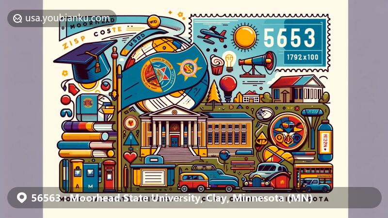 Modern illustration of Moorhead State University and Clay County, Minnesota, featuring elements like books, a globe, and a graduation cap representing education, along with landmarks like the Comstock House and the Rourke Art Museum.