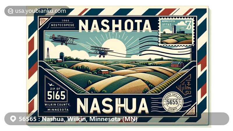 Modern illustration of Nashua, Wilkin County, Minnesota, resembling an airmail envelope or postcard with ZIP code 56565, featuring rolling hills and farmlands, and Minnesota state symbols.