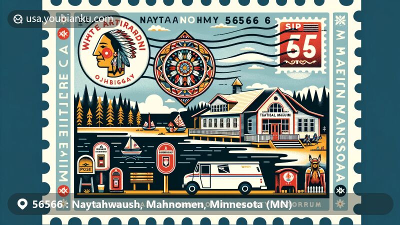 Modern illustration of Naytahwaush, Mahnomen, Minnesota, showcasing Ojibwe traditions, South Twin Lake, and Mahnomen County Historical Museum.