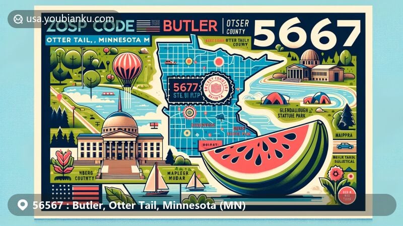 Vibrant illustration of Butler and Otter Tail County, MN, featuring postal theme with ZIP code 56567, showcasing natural beauty including Otter Tail Lake, Glendalough State Park, and cultural landmarks like Nyberg Sculpture Park.
