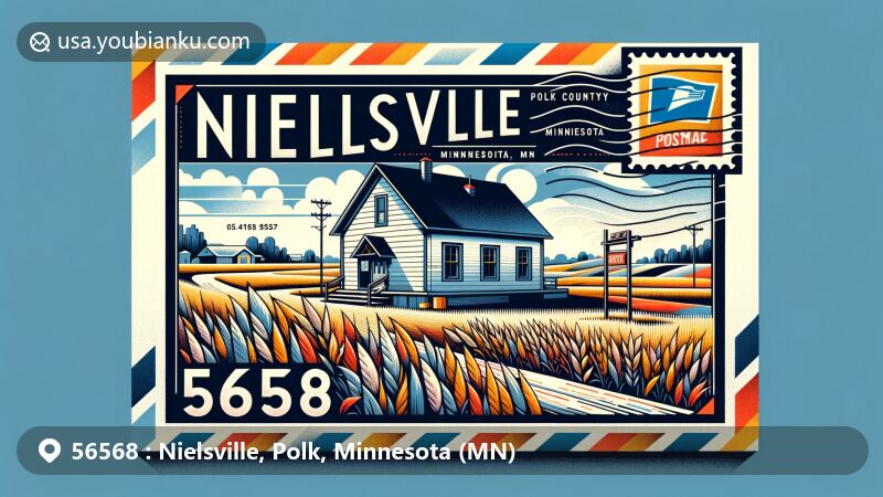 Vibrant illustration of Nielsville, Polk County, Minnesota, reflecting ZIP code 56568, featuring rural landscape, Nielsville post office, airmail envelope frame, and Minnesota state flag.