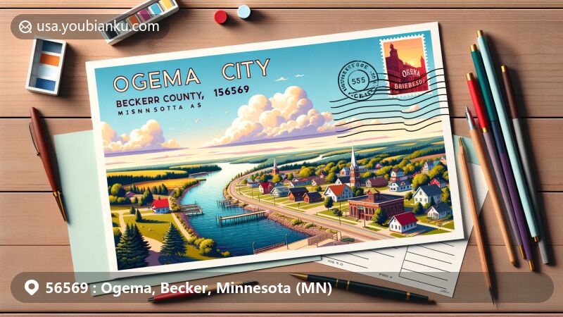Modern illustration of Ogema city, Minnesota, featuring Ogema Lake and surrounding natural scenery, highlighting ZIP Code 56569 area with stylized postcard design.