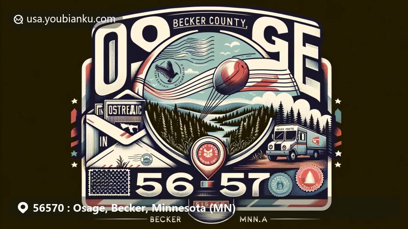 Modern illustration of Osage, Becker County, Minnesota, showcasing postal theme with ZIP code 56570, featuring vintage airmail envelope, map outline, Minnesota state flag, and Smoky Hills State Forest.