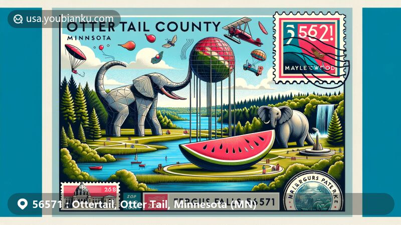 Vibrant illustration of Ottertail, Otter Tail County, Minnesota, showcasing Nyberg Sculpture Park's iconic structures like giant watermelon and elephant, set against Maplewood State Park's enchanting nature.