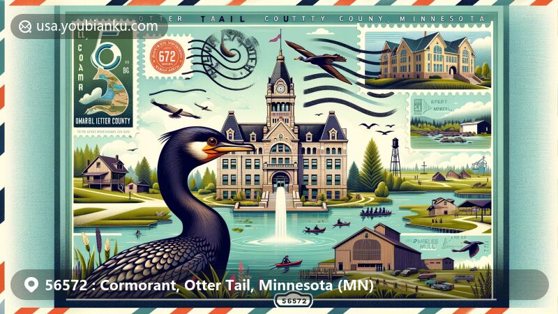Modern illustration of Cormorant, Otter Tail County, Minnesota, featuring Otter Tail County Courthouse, John W. Mason House, Phelps Mill, and a double-crested cormorant, representing the area's cultural and natural heritage, with Maplewood State Park activities and postal theme with ZIP code 56572.