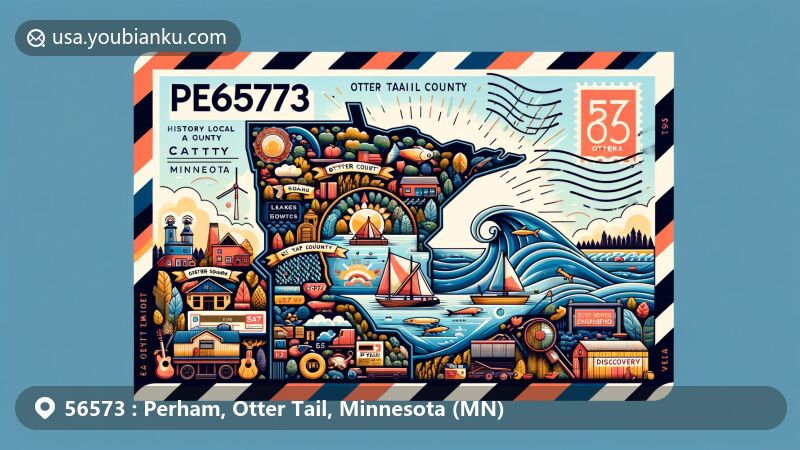 Modern illustration of Perham, Otter Tail County, Minnesota, showcasing postal theme with ZIP code 56573, featuring local landmarks, lakes, and vibrant small-town community activities.