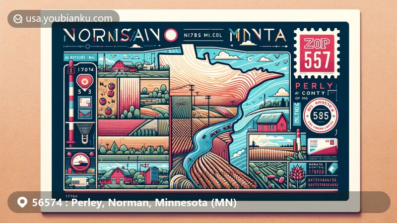 Modern illustration of Perley, Norman County, Minnesota, featuring postal theme with ZIP code 56574, showcasing Red River of the North and agricultural motifs.
