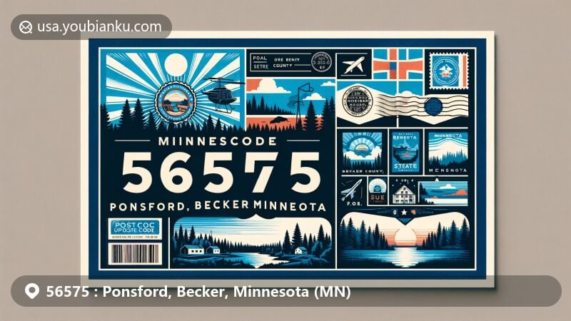 Modern illustration of Ponsford, Becker County, Minnesota, resembling an airmail envelope with ZIP code 56575, showcasing local landmarks, Minnesota state flag silhouette, natural beauty, and postal elements.