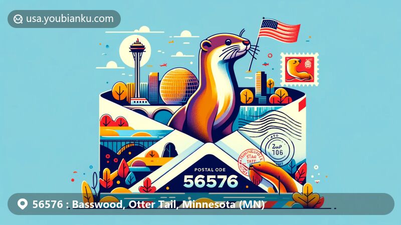 Modern illustration of Otter Tail County, Minnesota, with airmail envelope design featuring Maplewood State Park and otter sculpture, showcasing ZIP code 56576.