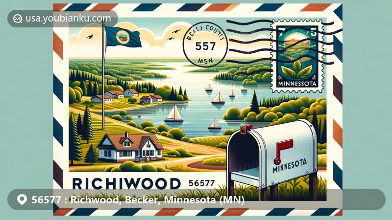 Creative illustration of Richwood, Becker County, Minnesota, inspired by ZIP code 56577 with airmail envelope design, showcasing scenic lakes like Buffalo Lake and Rice Lake, lush greenery, and rural community essence.