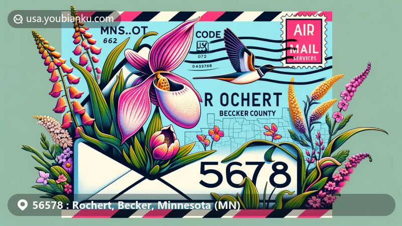 Modern illustration of Rochert, Becker County, Minnesota, showcasing postal theme with ZIP code 56578, featuring Minnesota's state flower Showy Lady's Slipper, state bird Common Loon, and Becker County map outline.