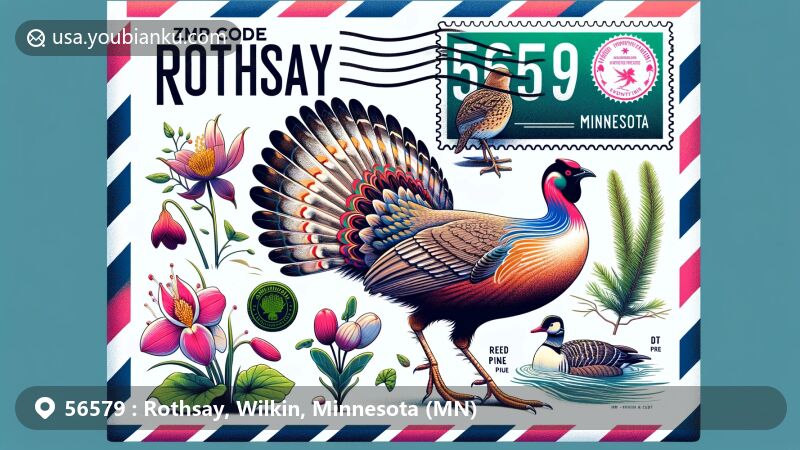 Modern illustration of Rothsay, Minnesota, showcasing postal theme with ZIP code 56579, featuring World's Largest Prairie Chicken and Minnesota state symbols.
